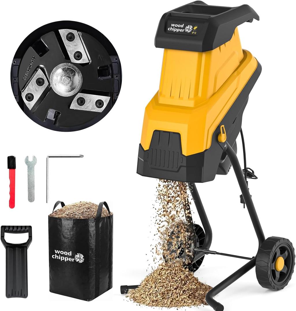 15-Amp 3-Blade Electric Wood Chipper Shredder, Effortlessly Shred 1.8" Branches with 30% Faster Mulching & 1.5mm Fine Chips, 45L Collection Bag for Yard Waste, Twigs, Leaves & Composting