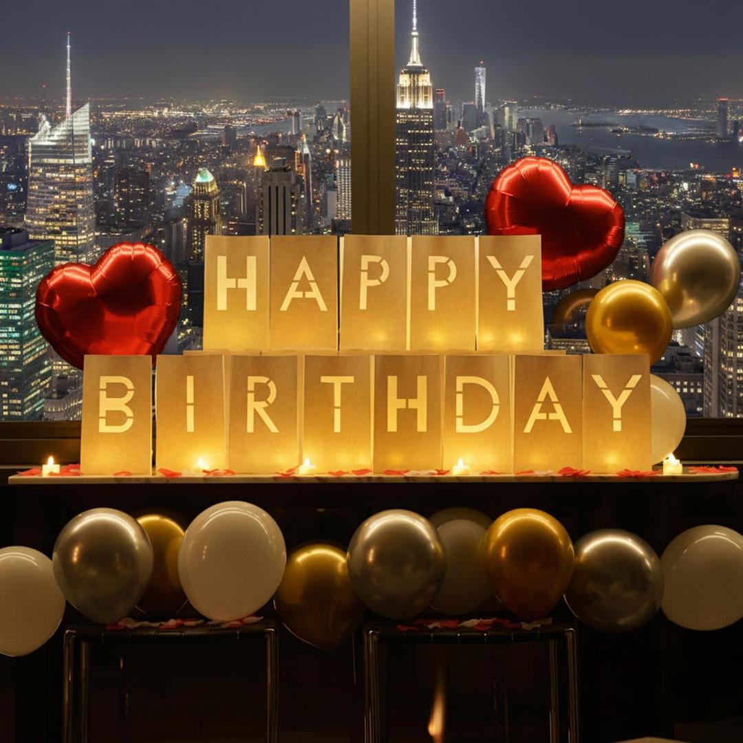 Happy Birthday Decorations for Women and Men - Surprise Set with Light Up Letters Sign Luminary Paper Bags, 30 LED Tea Light Candles, Red Heart Balloons, 1000 Red & Pink Artificial Rose Petals