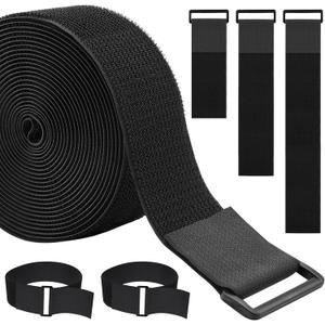 2In x 16Ft Cable Straps Heavy Duty With 15 Buckles, Black Hook and Loop Straps, Reusable Cable Ties for Organizer or Storage