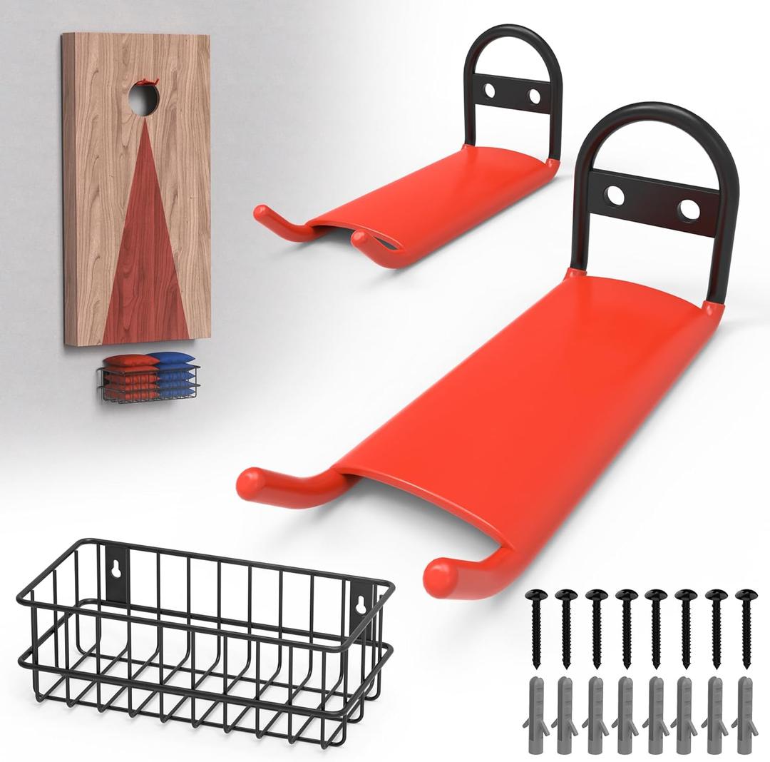 2 Pcs Cornhole Board Hanger Wall Mount with Bean Bag Basket, Heavy Duty Cornhole Board Storage Hooks & Wall Holder - Cornhole Accessories & Cornhole Game Board Rack
