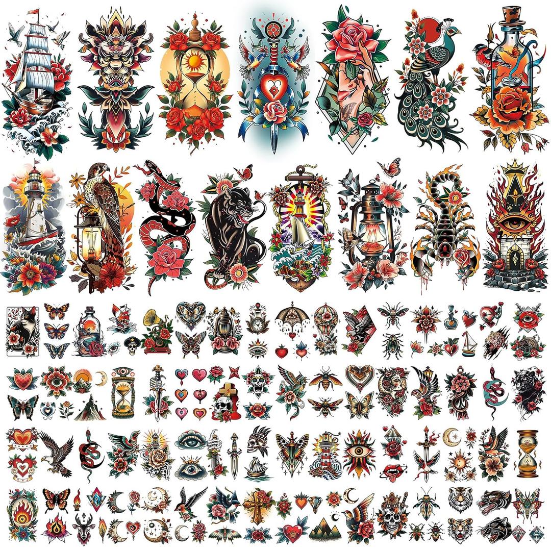 Cerlaza 79 Sheets Classic Temporary Tattoos for Adult Women Men, American Old School Fake Tattoos Sleeve, Realistic Traditional Colorful Flower Animal Half Arm/Tiny Christmas Tattoo Stickers