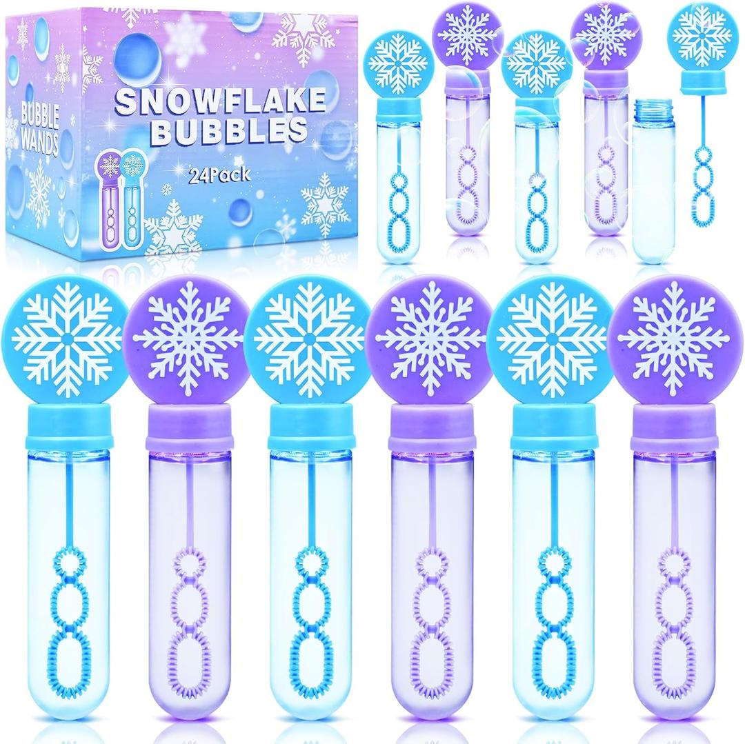 24 Pack Snowflake Bubble Wands for Kids - Large Cartoon Winter Bubbles Bulk with Refill Solution Toys for Christmas Stocking Goodie Bag Stuffers, Carnival, Boys Girls Birthday Gifts Party Favors