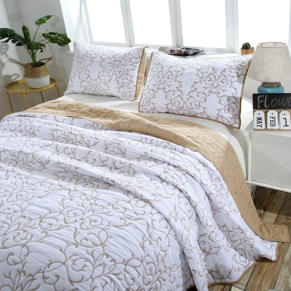 Lady Ann 3Pcs Oversized King Quilt Set 128x120 - Beige Embroidery Pattern Reversible Cotton bedspreads & coverlets, Lightweight Quilted Extra Large Elegant Oversized King Bedroom Bedding Set, Oversized King Plus