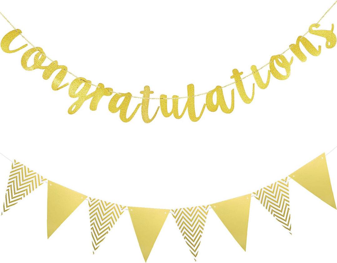 Boao Pre-Strung Congratulations Banner Sign Glitter Congratulation Banner 10 ft Congrats Garland for Graduation, Wedding, Retirement, Baby Shower, Birthday, Celebration Party Decorations (Gold)