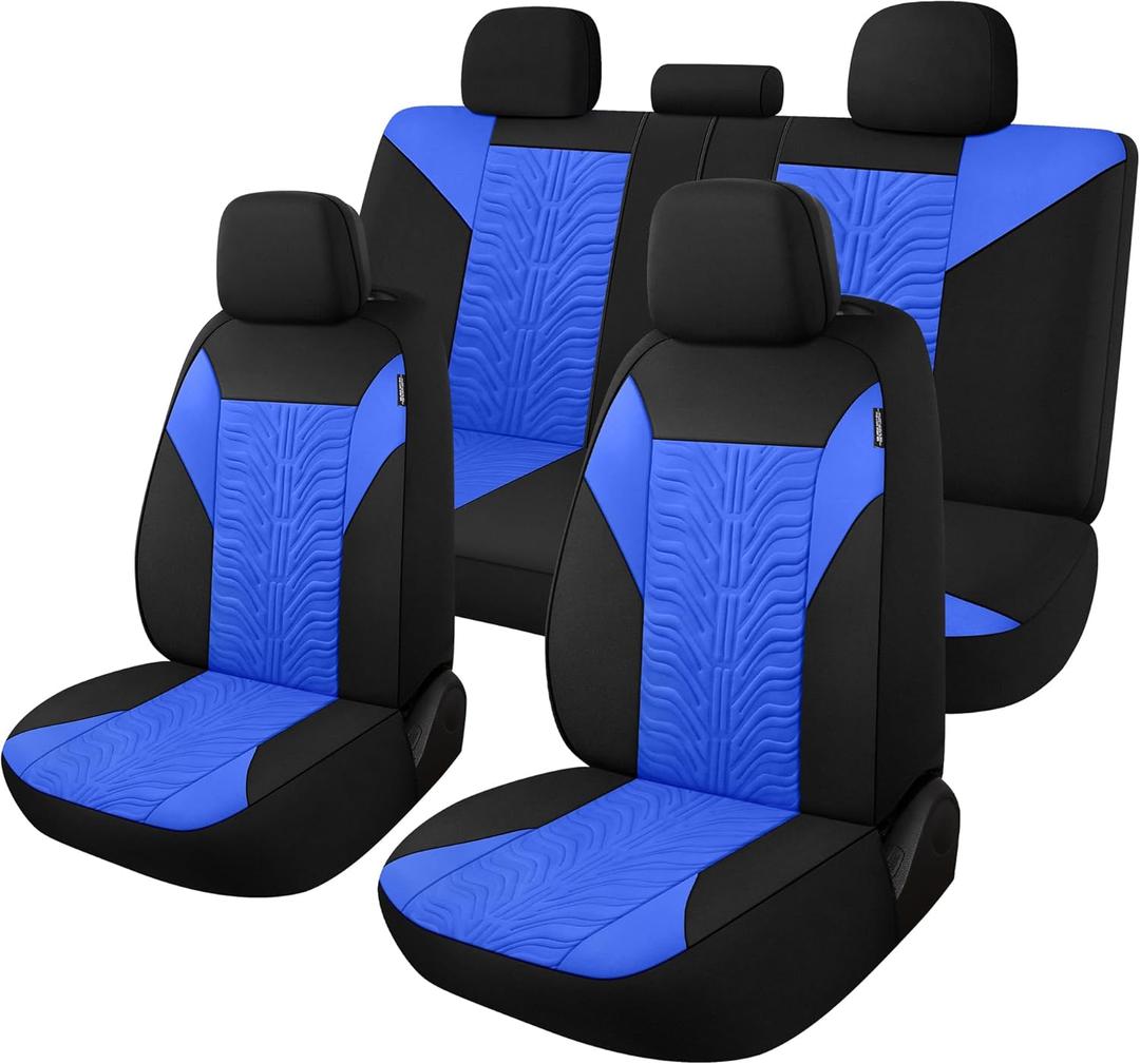 CAROMOP Car Seat Covers Full Set, Washable and Breathable Premium Cloth Seat, Split Bench Seat Covers for Cars, Universal Fit for Most Car Interior Covers Sedan Truck SUV(Black/Blue)