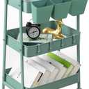 danpinera 3-Tier Rolling Cart, Utility Cart Mobile Metal Rolling Storage Cart with Lockable Wheels & Hanging Cups & Hooks for Kitchen, Bathroom, Office, Workshop, Green