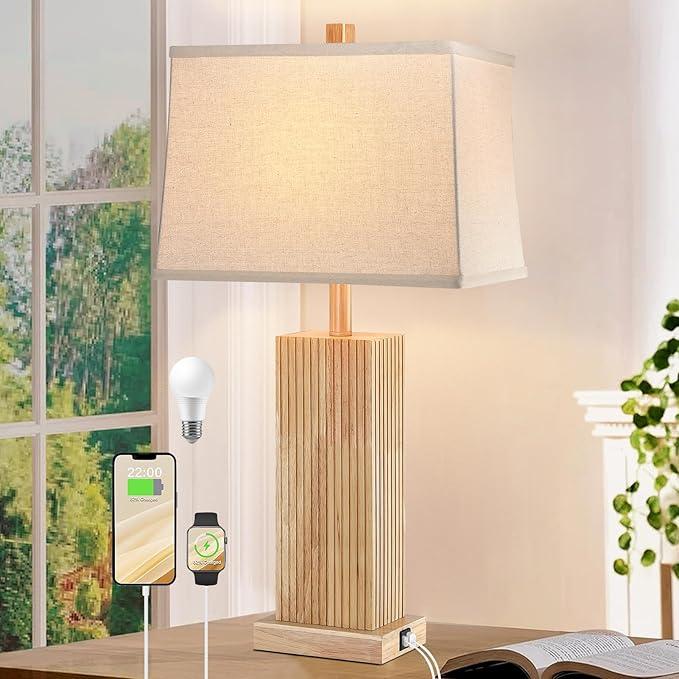 Lovlast 27.5" Wood Table Lamps Set of 2, Modern Farmhouse Bedroom Lamp for Nightstand with USB Charging Port, Natural Wooden Base Table Lamp for Living Room Bedroom, Bulbs Included (Walnut Wood)