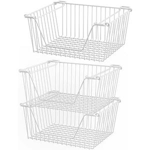 blitzlabs Stackable Wire Metal Baskets Cabinet Organizer Sturdy Metal Wire Pantry Freezer Bin with Handle for Kitchen Fruit Vegetable Organization, White, 3Packs