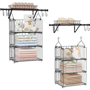 bukfen 3 Tier Hanging/Wall Closet Organizer with 4 Hooks,Stackable Closet Organizers and Storage Shelves,Foldable Wire Clothes Shelf,Hanging Laundry Basket Organizer1 Pack