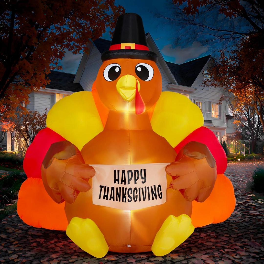 JOIEDOMI 6FT Thanksgiving Inflatable Turkey Decoration Outdoor, Light Up Inflation Turkey with LED, Happy Thanksgiving Blow Up Yard Decorations for Outside, Yard, Garden, Lawn, Party Supplies