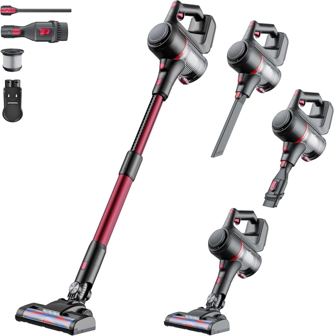 Cordless Vacuum Cleaner, Stick Vacuum, Self-Standing Vacuum Cleaners, Handheld Vacuum with Charging Dock Station Removable Battery for Home Office Pet Hair/Carpet/Floor, Lightweight & 45Mins - Red