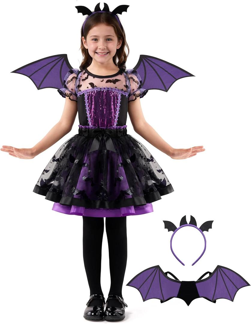 Spooktacular Creations Halloween Girl Purple Bat Tutu Costume, Toddler Bat Vampire Outfit for Kids Halloween Dress Up Party (Toddler(3-4 yrs))