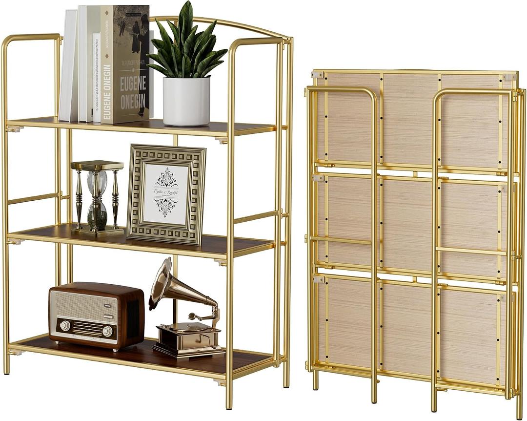 Crofy No Assembly Folding Bookshelf for Living Room, 3 Tier Gold Collapsible Book Shelf for Home Office, Portable Bookcase Storage Organizer, 3 Tier Wider