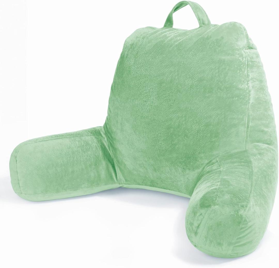 Sasttie Reading Pillow, Velvet Back Pillow for Bed Sitting Up, Adult Back-Rest Support Cushion with Arms for Sit Up on Couch, Sofa, and Floor, Dorm Essentials, Reading Accessories, Light Green
