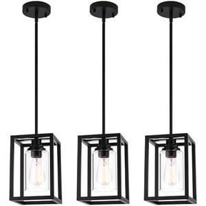 Matte Black Farmhouse Pendant Light Fixtures, Pendant Lights for Kitchen Island, Rectangle Linear Metal Hanging Lighting Fixture Ceiling Mount with Clear Glass Shade E26 Base for Dining Room, 3 Pack