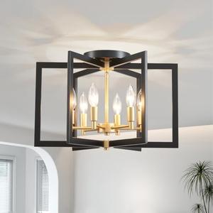 Ceiling 6-Light Black and Gold 20" Modern Geometric Semi Flush Mount Ceiling Lighting Fixture for Kitchen Island Living Room Dining Room Entryway