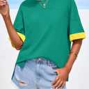 BTFBM Womens Oversized T Shirts Dressy Casual Short Sleeve Summer Tops Crew Neck Color Block Blouse Loose Fit Basic Tee (Green, L)