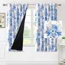 H.VERSAILTEX 100% Blackout Curtains 63 inch Length Vintage Floral Printed Drapes Thermal Curtains for Bedroom with Black Liner Back Tab/Rod Pocket Curtains for Living Room, 2 Panels, Blue and Wheat