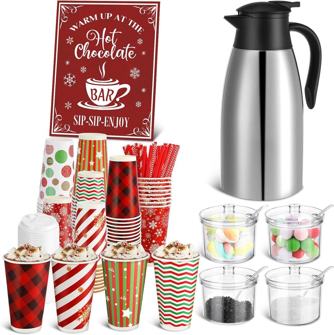Bokon 104 Pcs Christmas Hot Chocolate Bar Set 68 Oz/ 2 L Stainless Drink Dispenser 16 Oz Cocoa Cups Hot Chocolate Bar Station Sign Acrylic Sugar Bowls for Christmas Winter Party Supplies(Classic)