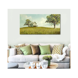 YCPRIMER Canvas Wall Art - Village Landscape Decor Retro Farmhouse Picture Yellow Tree Painting Artwork for Dinning Room,Living Room,Kitchen Decoration Size 24×48Inch
