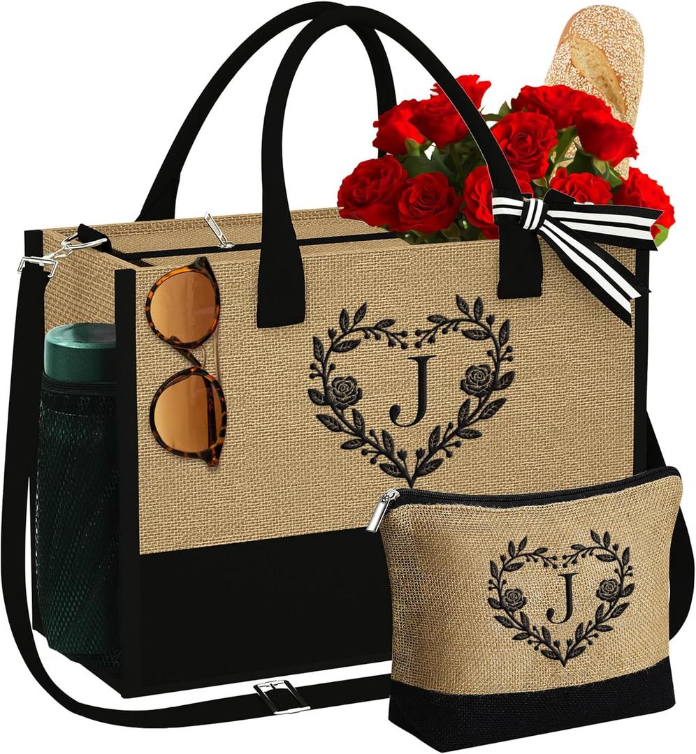 YOOLIFE Mothers Day Gifts - Initial Jute Tote Bag & Makeup Bag, Personalized Gifts for Women Mom Wife Teacher Friend Birthday