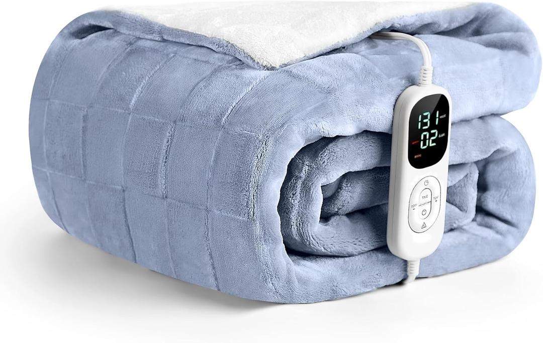 IUUI Heated Blanket Electric Throw Checkered- 50x60 Inches Soft Flannel Heating Blanket,Fast Heating Blanket 6 Heating Levels & 2 Hours Auto Off ETL Certification, Gifts for Women(Ashley Blue)