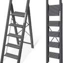 KINGRACK Aluminium 5 Step Ladder, Lightweight Step Stool with Non-Slip Pedals, Handrail, Folding Step Ladder for Kitchen, Garage, Home, Space Saving, Sturdy and Portable, Silver (Black)