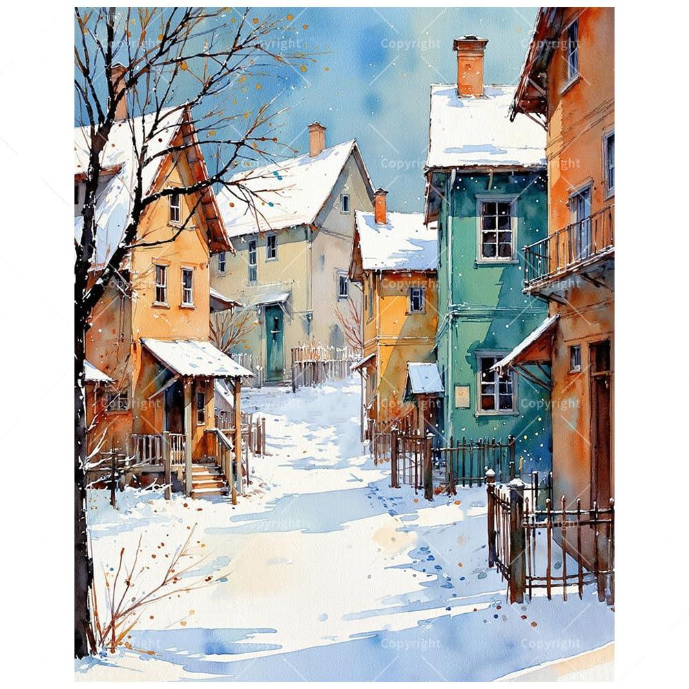 Winter Village Paint by Numbers Kit for Adults - DIY Snowy Houses and Street Scene Painting on Canvas, Acrylic Paint Set, Suitable for Beginners, Art for Home Decoration or Gifts(8X12IN Framed)