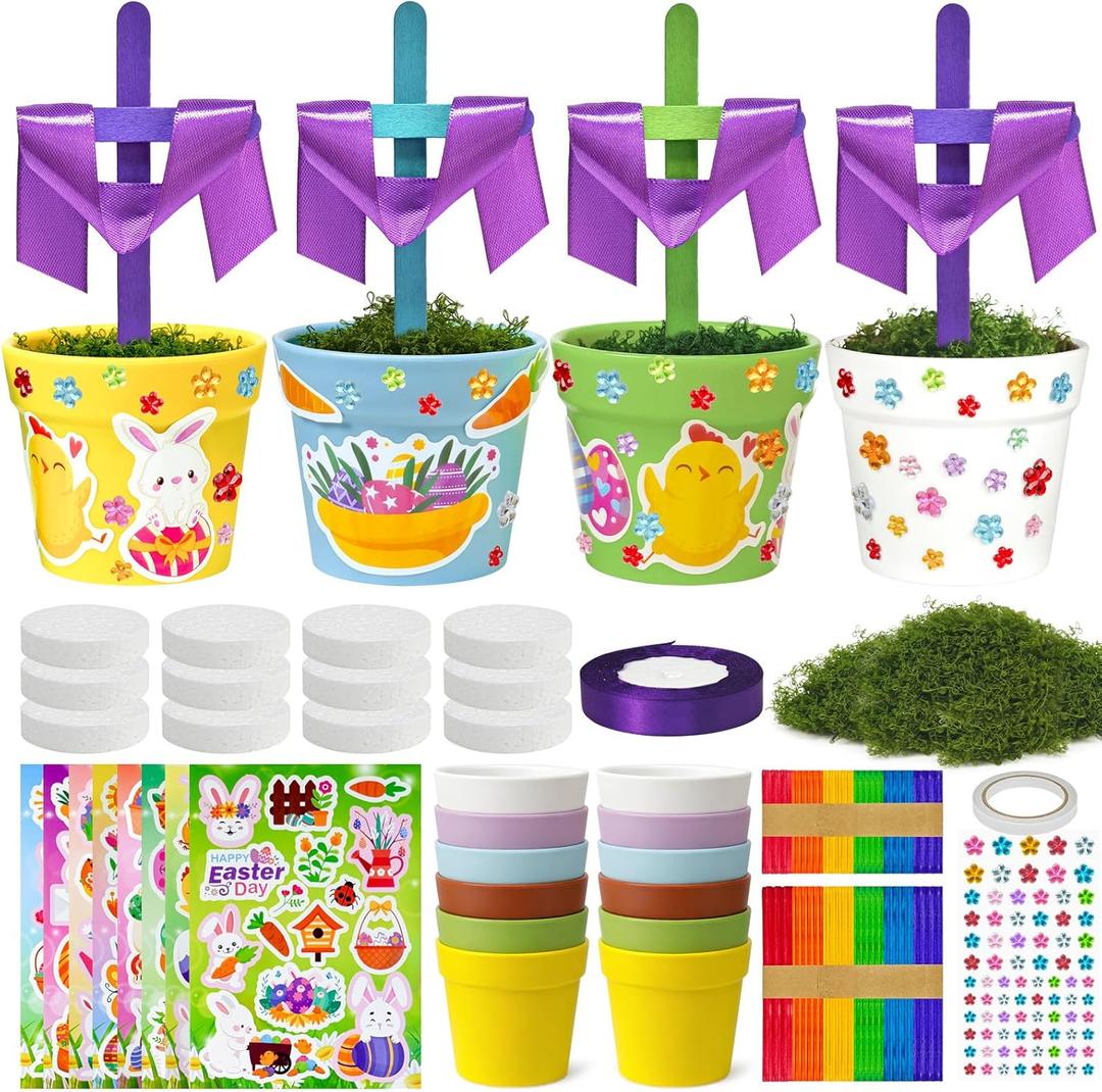 Cinrobiye 12Sets Easter Crafts Cross Kit with Pot Base Stickers Ribbon Christian Religious Holy Week Decor Church Sunday VBS School Classroom Activities Bulk