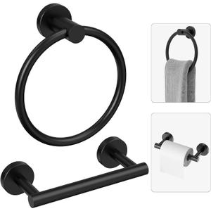 Matte Black Toilet Paper Holder Wall Mount & Towel Holder, Bathroom Hardware Set-SUS304 Stainless Steel Double Post Pivoting Tissue Roll Holder and Hand Towel Ring Set for Bathroom, RV