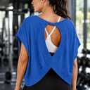 denking Women Open Back Workout Tops 100% Cotton Short Sleeve Tops Casual Yoga Athletic Gym Running Crop Cute Oversize Tees(Royal Blue XS)