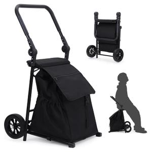 2-in-1 Foldable Grocery Cart with Seat, Portable Utility Cart & Hand Truck, 32.5 Gal Removable Waterproof Bag, Heavy Duty Collapsible Shopping Trolley, 132 lbs Capacity, Black