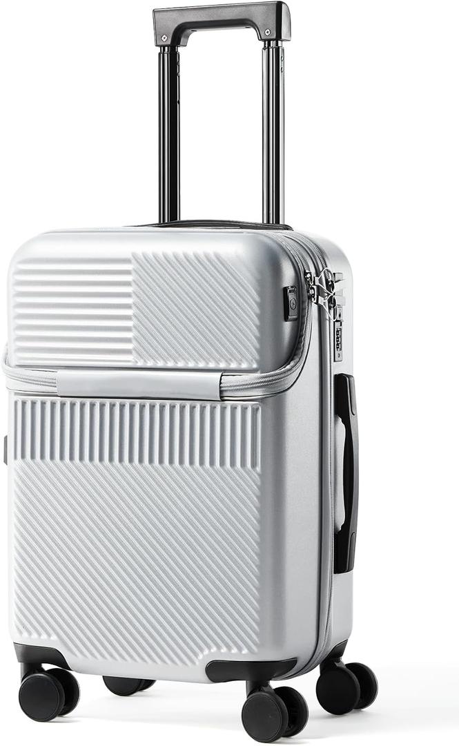 UrbanExplorer 20 Inch Carry-On Luggage with Front Opening, Cup Holder & USB Port, Lightweight ABS+PC Hardshell Spinner Suitcase, Airline Approved, 360 Wheels, Sliver