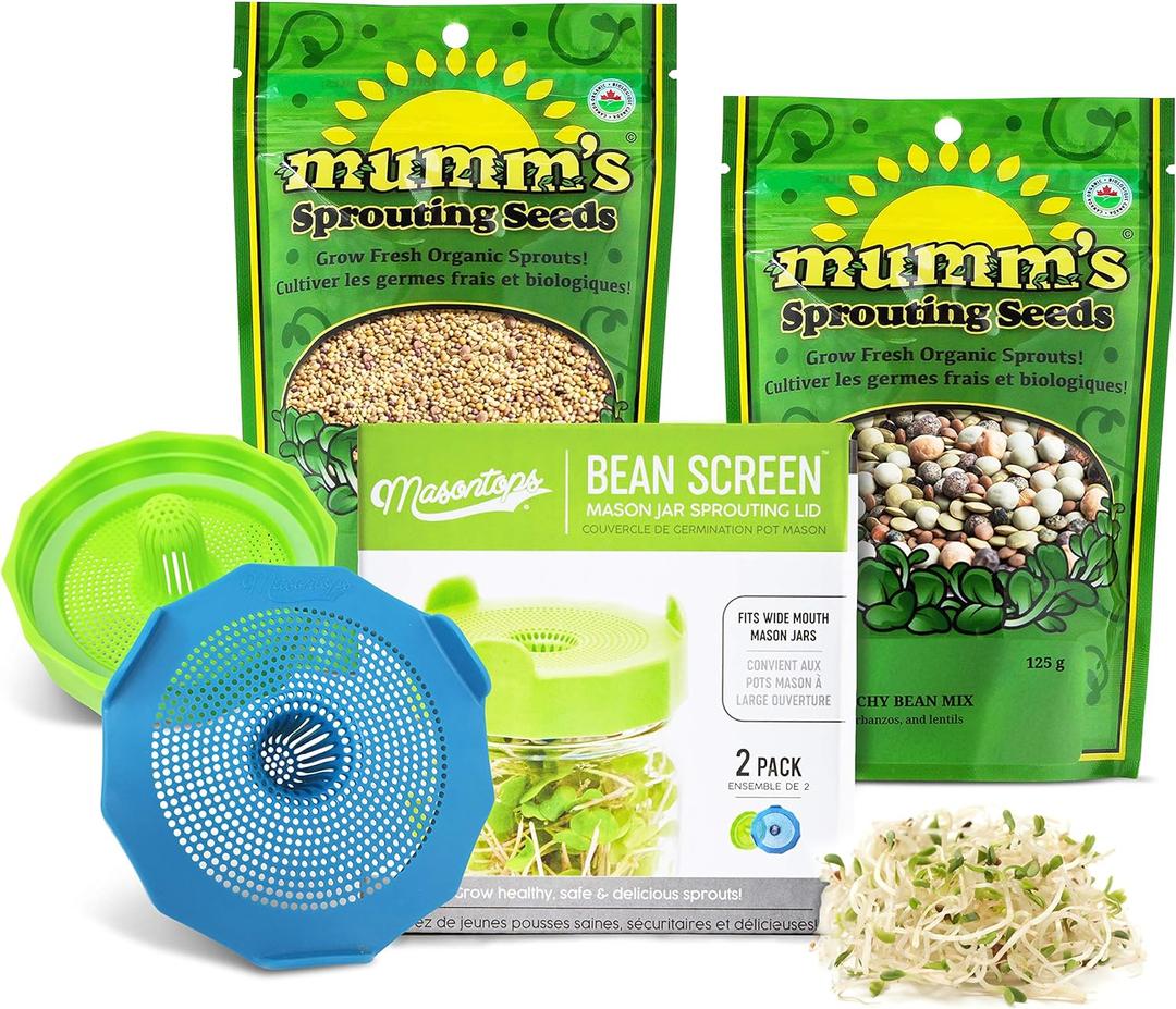 Masontops Bean Screen Sprouts Growing Kit - Sprouting Lids & Sprout Mixes Microgreens Growing Kit - Sprouting Kit Wide Mouth Mason Jar Strainer Lid