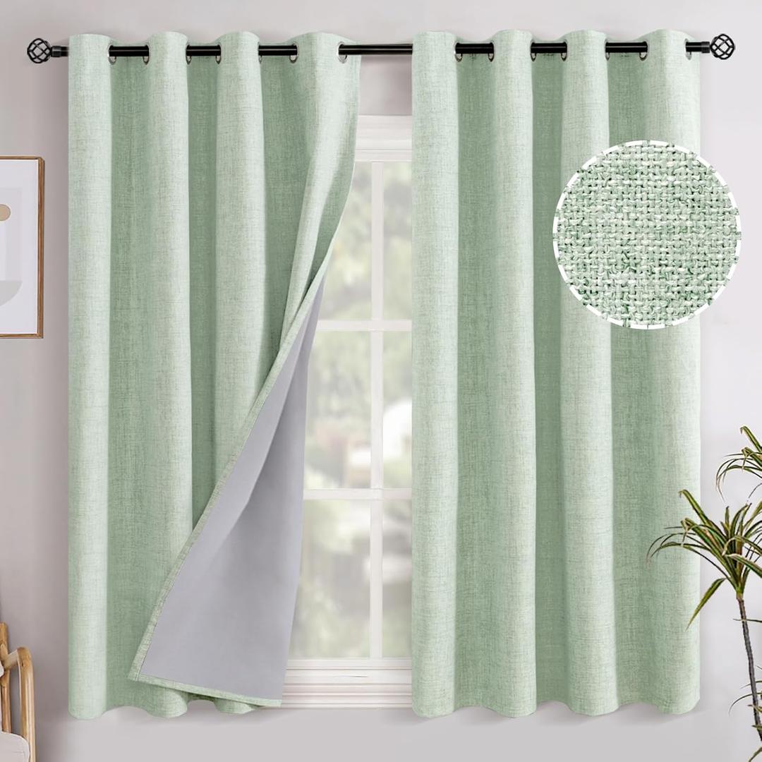 YoungsTex Sage Green Linen Blackout Curtains 45 Inch Length for Kitchen Window, Short Drapes with Grommet Thermal Insulated for Bedroom, 52 X 45 Inch, 2 Panels