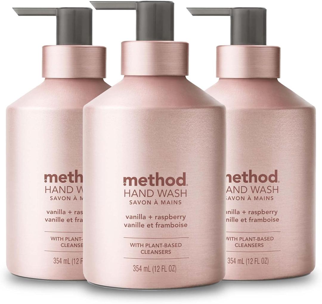 Method Gel Hand Soap, Vanilla + Raspberry, Reusable Pink Aluminum Bottle, 12 oz (Pack of 3)