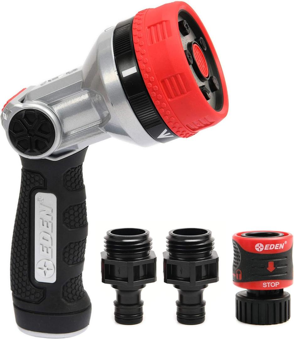 Eden 94804 Garden Hose Nozzles Sprayer Heavy Duty Metal Thumb Control for Easy Watering 5-Pattern High Pressure Water Nozzle w/Quick Connector Set for Plants, Lawns, Gardens