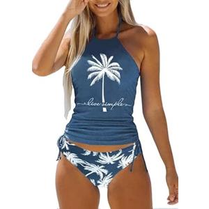 Women's Funny Graphic Drawstring Halter Two Piece Tankini Set Summer Swimwear Beach Vacation Swimsuits