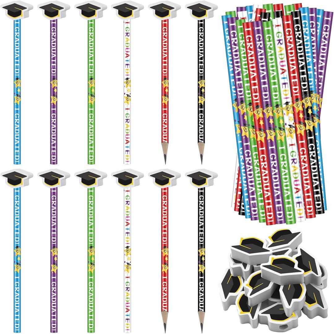 Tenceur 36 Pcs Graduation Pencil with Grad Mortarboard Erasers Star Happy Face I Graduated Pencil End-of-year Gifts for Graduation Celebrations Party Favor Student School Office Home Supplies