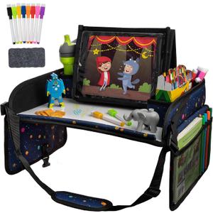 Lusso Gear Car Seat Activity Tray - Dry-Erase Top & Toddler Travel Essential - Mesh Pockets & Car Back Seat Organizer - Cup Holder & Road Trip Essentials for Kids - 600D Oxford Material