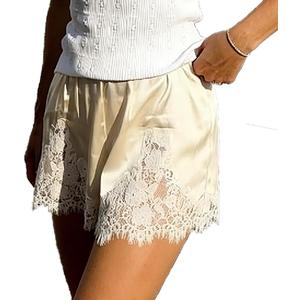 Women Silk Lace Shorts Satin Elastic Waist Lace Trim Mini Shorts Silk Patchwork Lounge Pettipants Slip Bottoms (Beige, S)