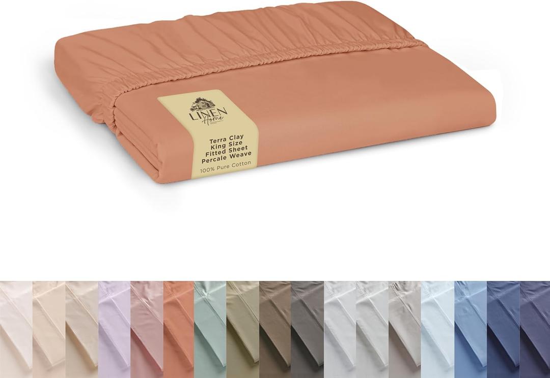 Linen Home 100% Cotton Percale Weave King Fitted Sheet Only - Crisp, Cool & Breathable, Long Staple Combed Cotton, 16" Deep Pocket, All-Around Elastic, Hotel Quality, Tera Clay