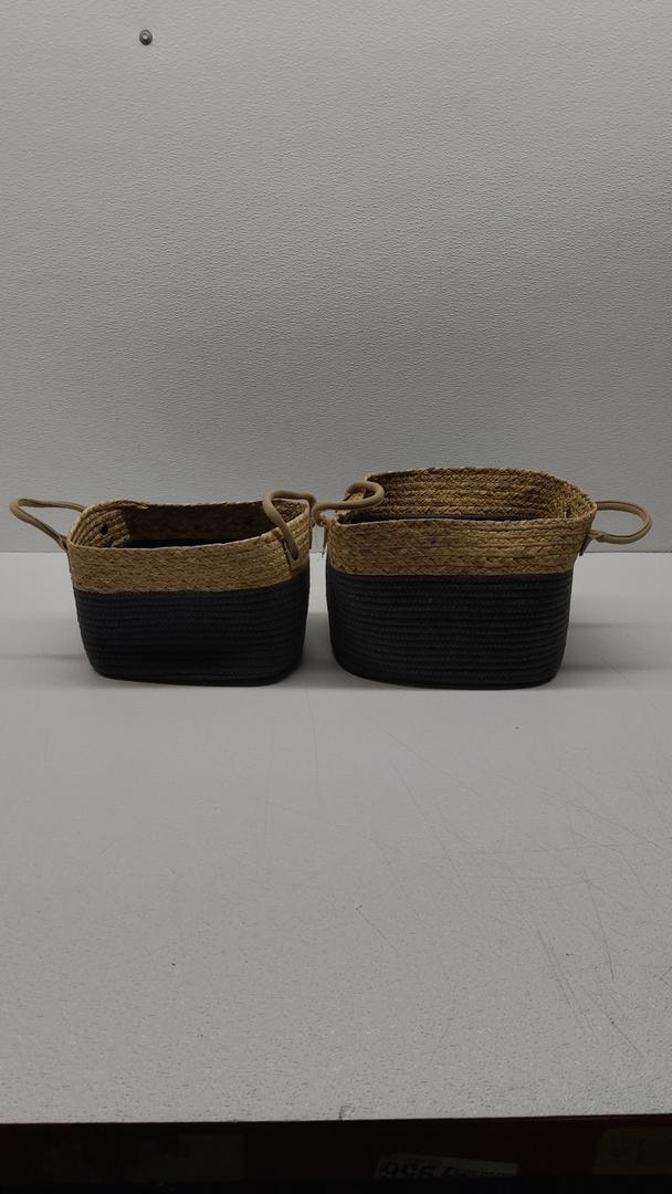 HD Medium-Large Fabric Rope Basket, Natural and Black, Set of 2