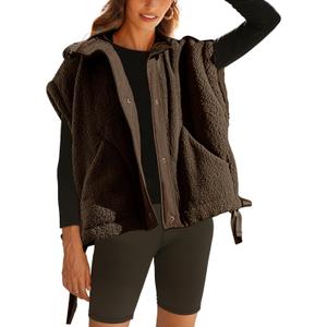 OPCAKM Women's Fuzzy Fleece Vest Oversized Sleeveless Sherpa Jacket Warm Button Down Gilet Outerwear with Pockets (Medium, Brown)
