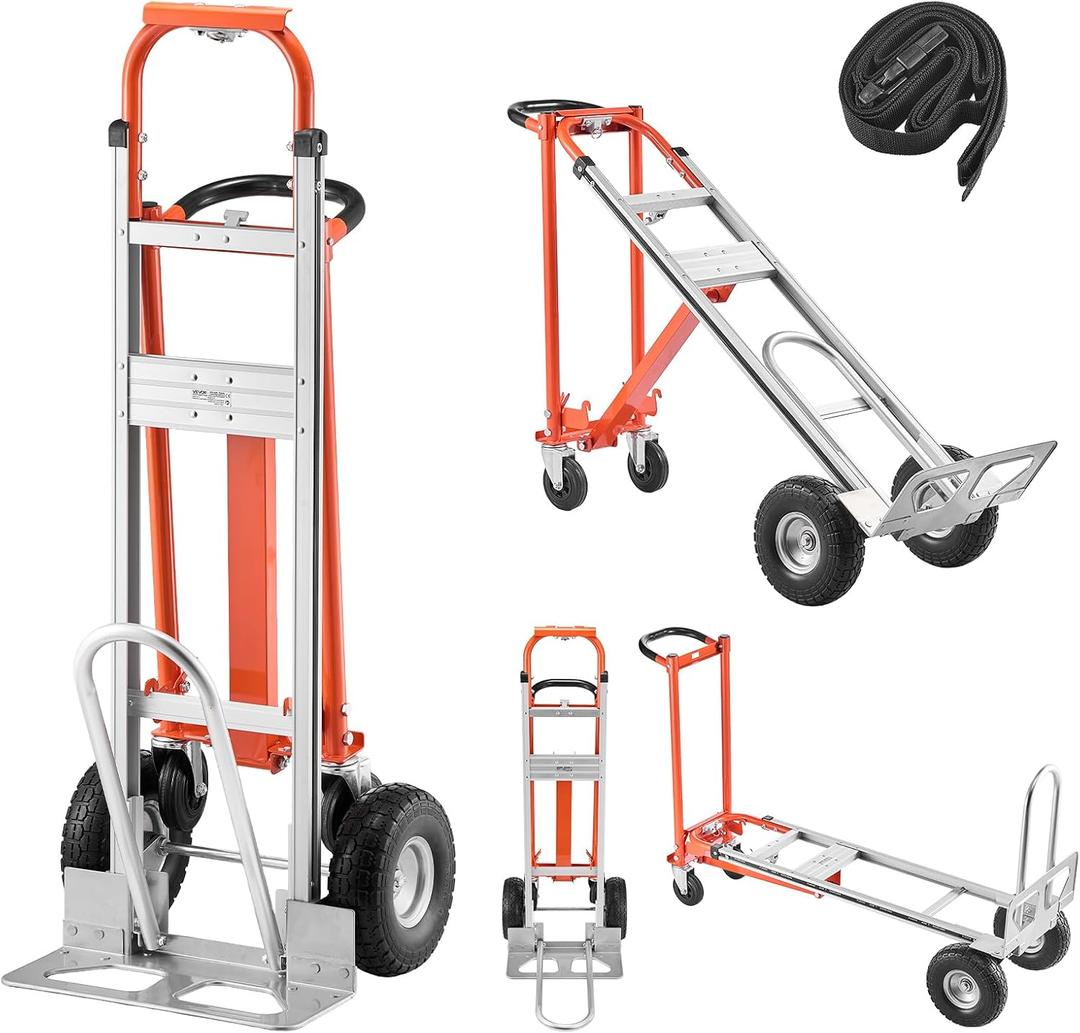 VEVOR 4 in 1 Hand Truck, 1000 lbs Load Capacity for 4-Wheel Mode, Convertible Hand Truck Dolly with Non-Slip Handle & Wheels, Aluminum Alloy Portable Trolley Dolly for Moving Home, Office, Warehouse
