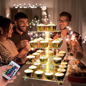 Cupcake Stand Acrylic 4 Tier Tower Display Cupcake Cake Stand with Remote LED Light,Multiple Color Changing Modes,Transparency Serving Tray for Any Parties Events