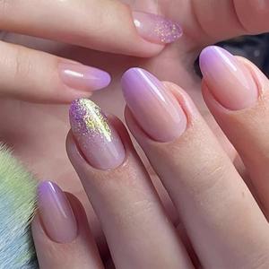 MERVF Oval Press on Nails Medium Nails Purple Ombre French Tip Glue-ons Glitter Design Round Acrylic Fake False Nail Supplies Art DIY for Women Glossy 24pcs