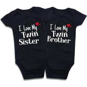 DEFAHN Funny Twins Baby Bodysuits Boys Girls Rompers 2 Pack Twin Matching Clothes Outfits for Newborn Infant (6-9 Months, 2pcs I Love My Sis/Bro)