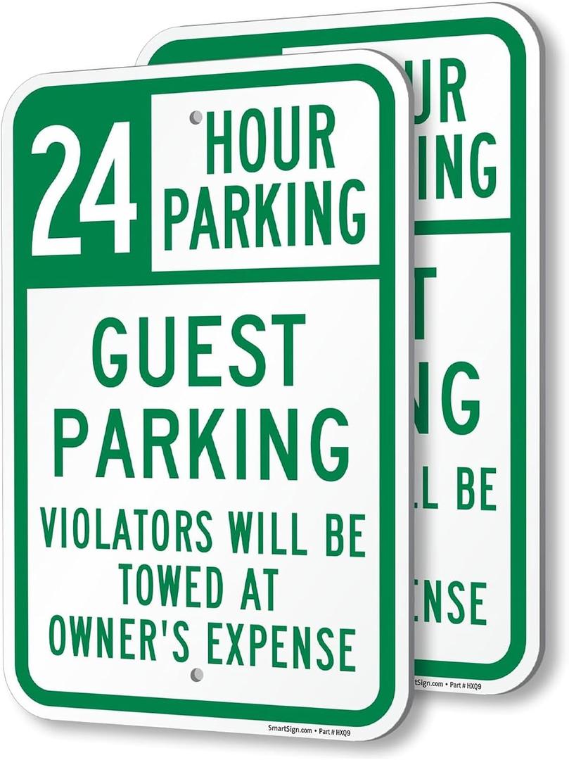 SmartSign 24 Hour Guest Parking Violators Towed At Owner's Expense Sign - 2-Pack, 12" x 18", 80 mil Thick Aluminum Composite (ACM), Pre-Drilled Holes, Green and White, Made in USA