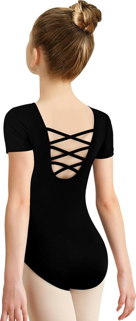 MOLLDAN Girls Dance Ballet Leotards Short Sleeve Criss Cross Straps Back (4-6 Years, Black)